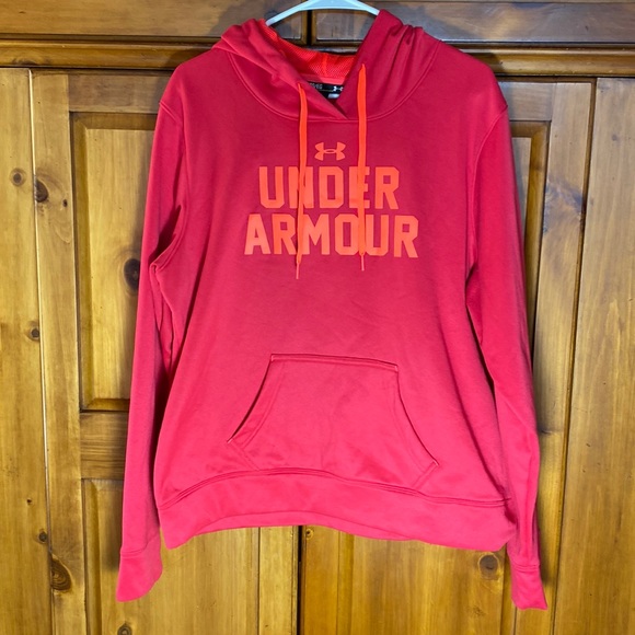 Under Armour Word Logo Semi-Fitted Red/Orange Hoodie Sweatshirt - Picture 1 of 3